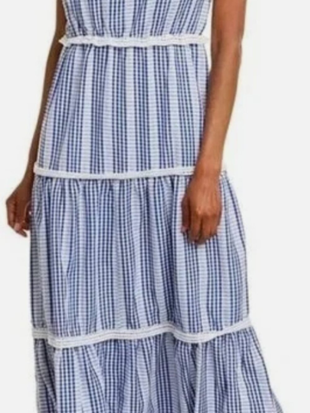BNWT - Julia Jordan Gingham Stripe Tiered Maxi Dress, Size 16 - Blue/Ivory